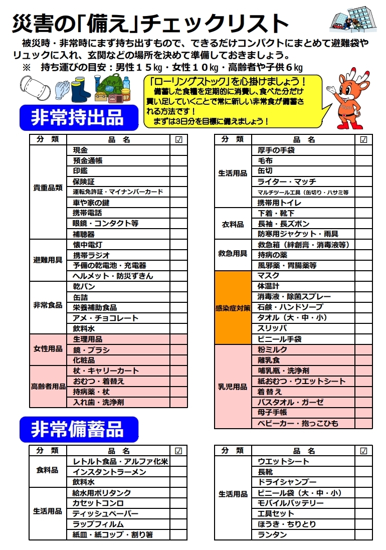 災害時の持ち出し品等のチェックリスト