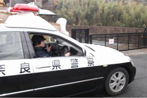 パトカーを運転する警察官の画像