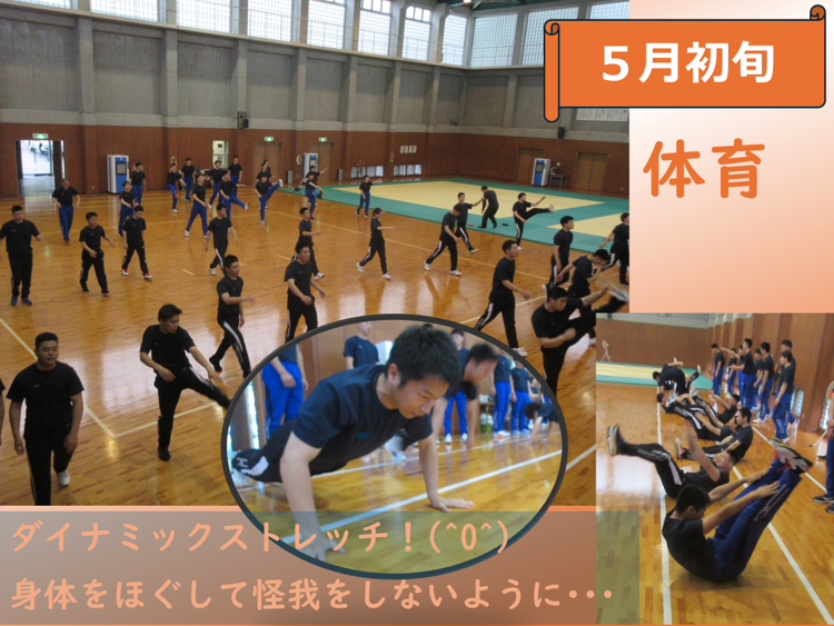 体育館でストレッチしている様子
