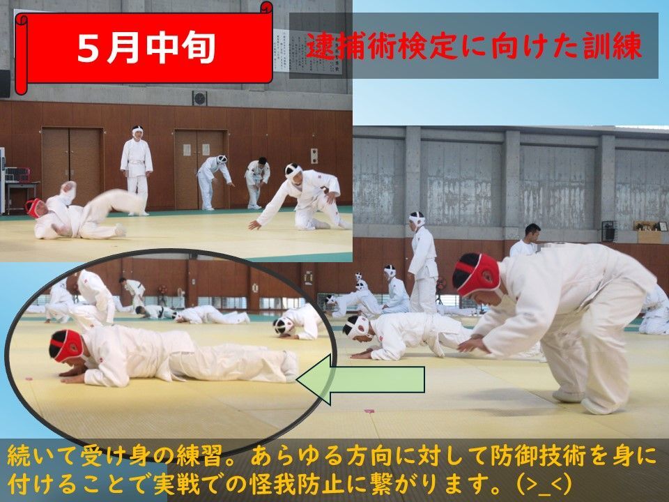 逮捕術の受け身の練習をしている様子