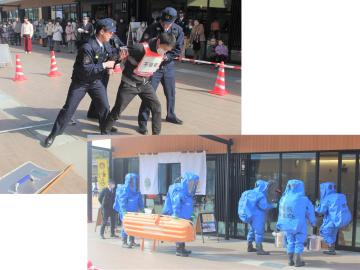 県下初の防災道の駅で事案対処訓練のようす