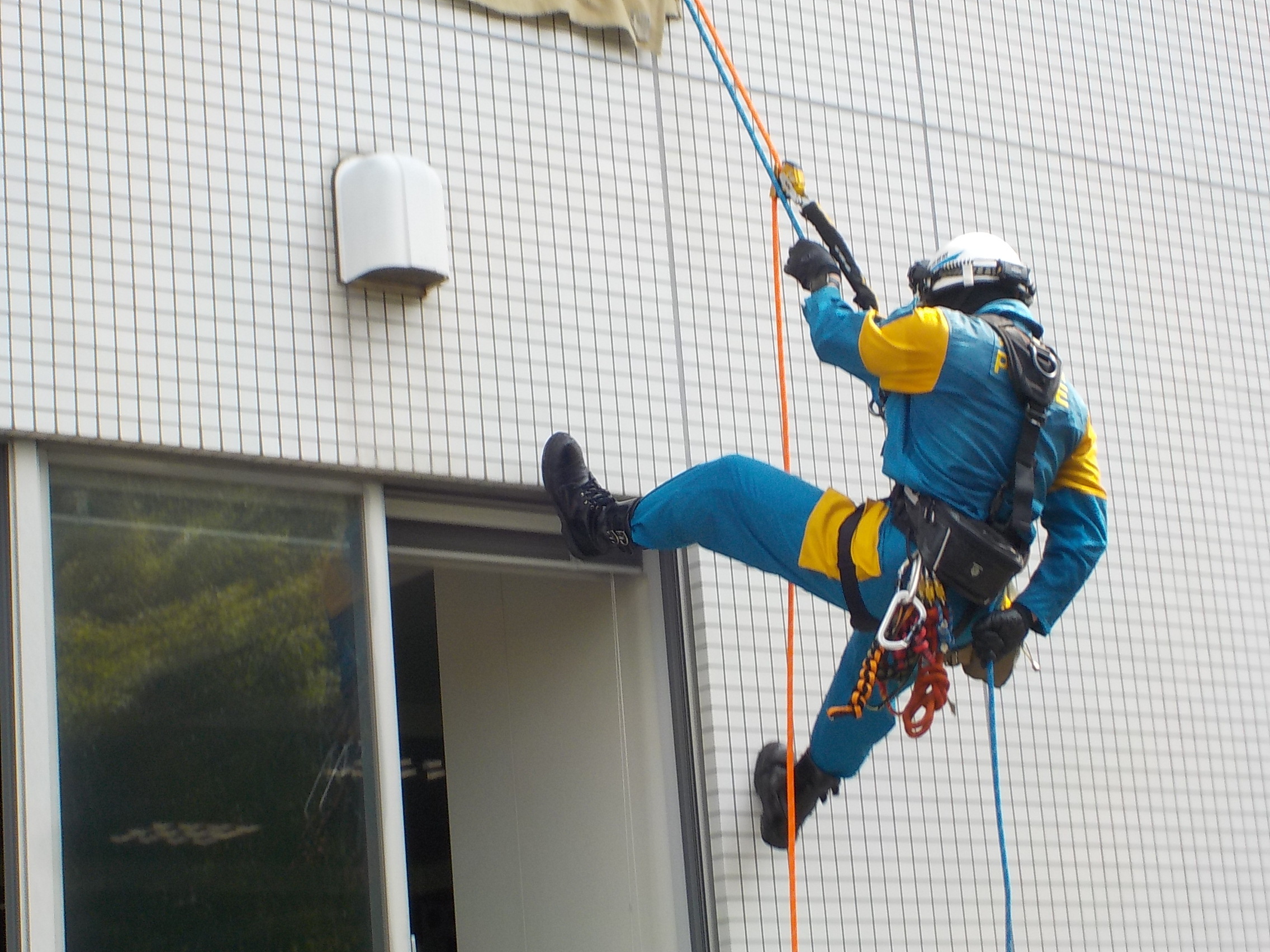訓練でロープを使って壁を登っている様子