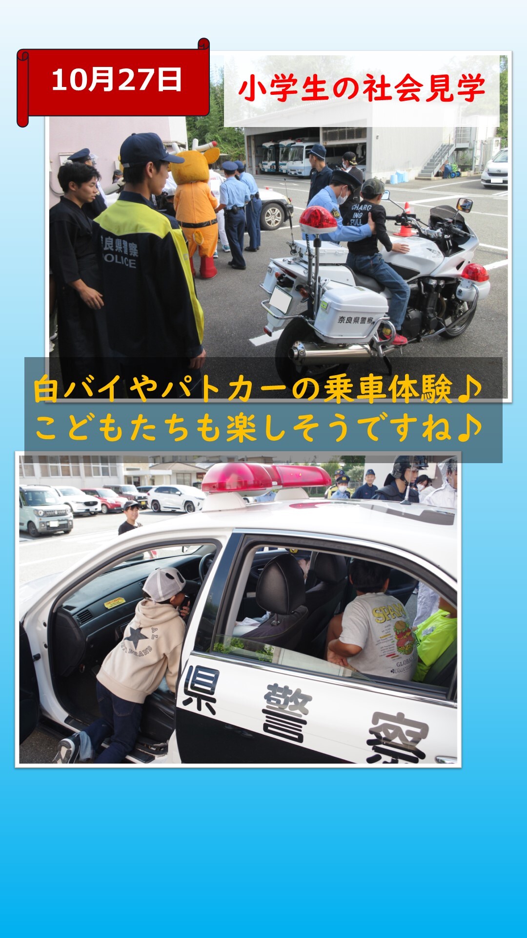 小学生が白バイ、パトカーの見学をしている様子
