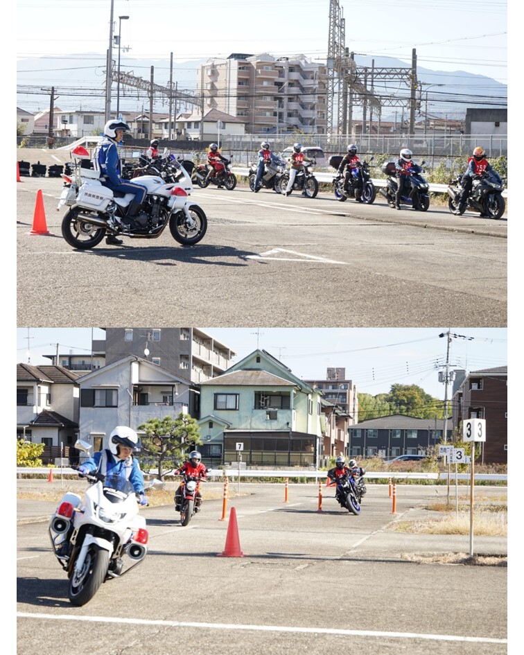 白バイ隊が参加者の走行を見ている様子